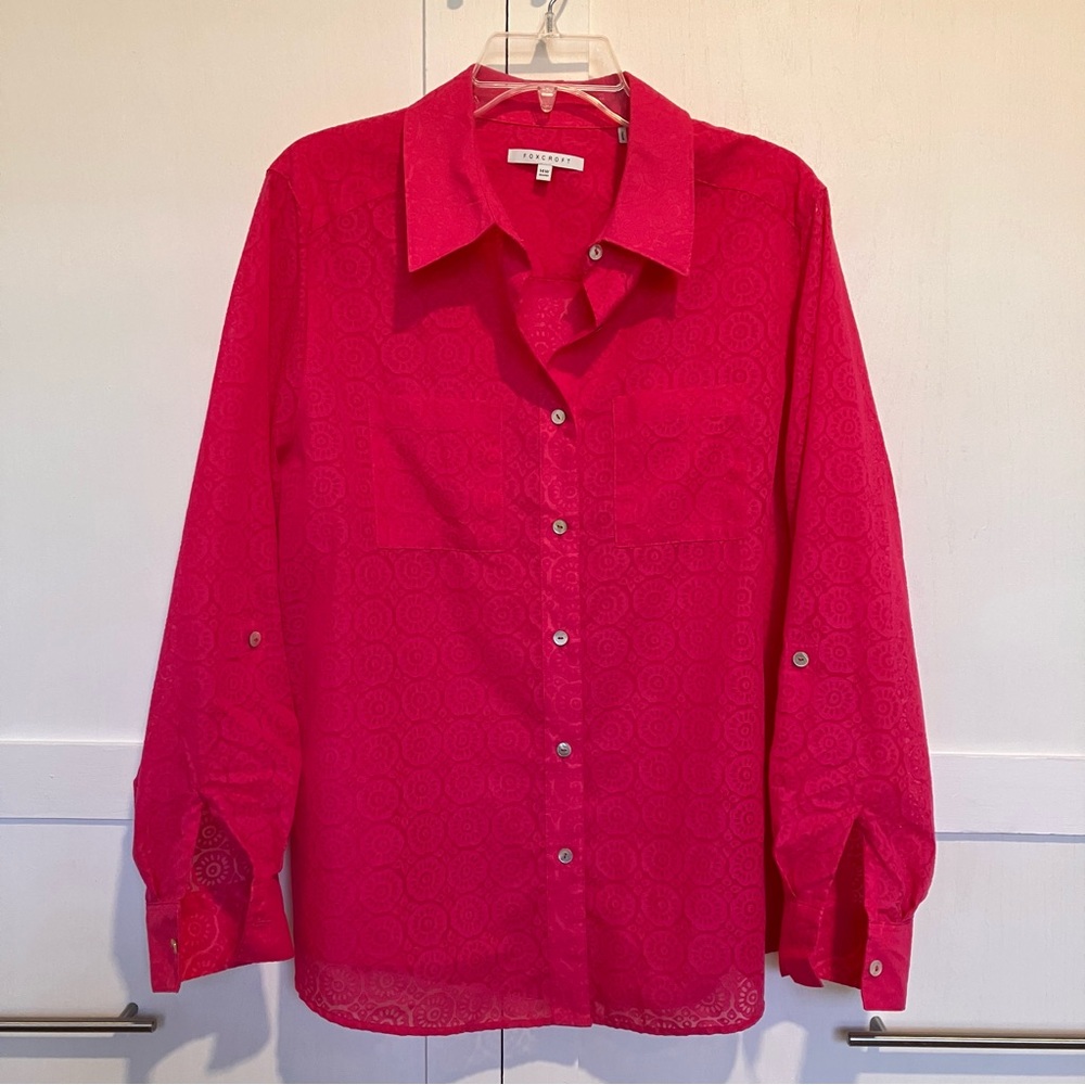 Foxcroft Collared Front Button Adjustable Sleeve Fuchsia Shirt, 14W